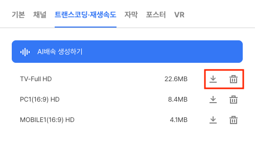 트랜스코딩·재생속도 탭