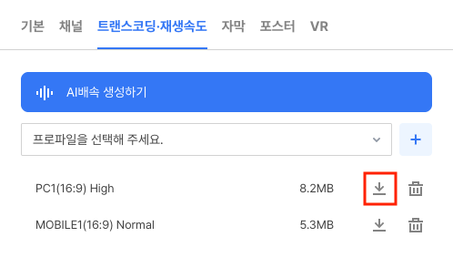 트랜스코딩·재생속도 탭